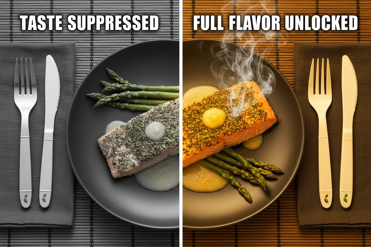 Metal Flatware Taste Suppressed vs TruFlavorWare Full Flavor Unlocked — salmon dinner with steam on TFW side only